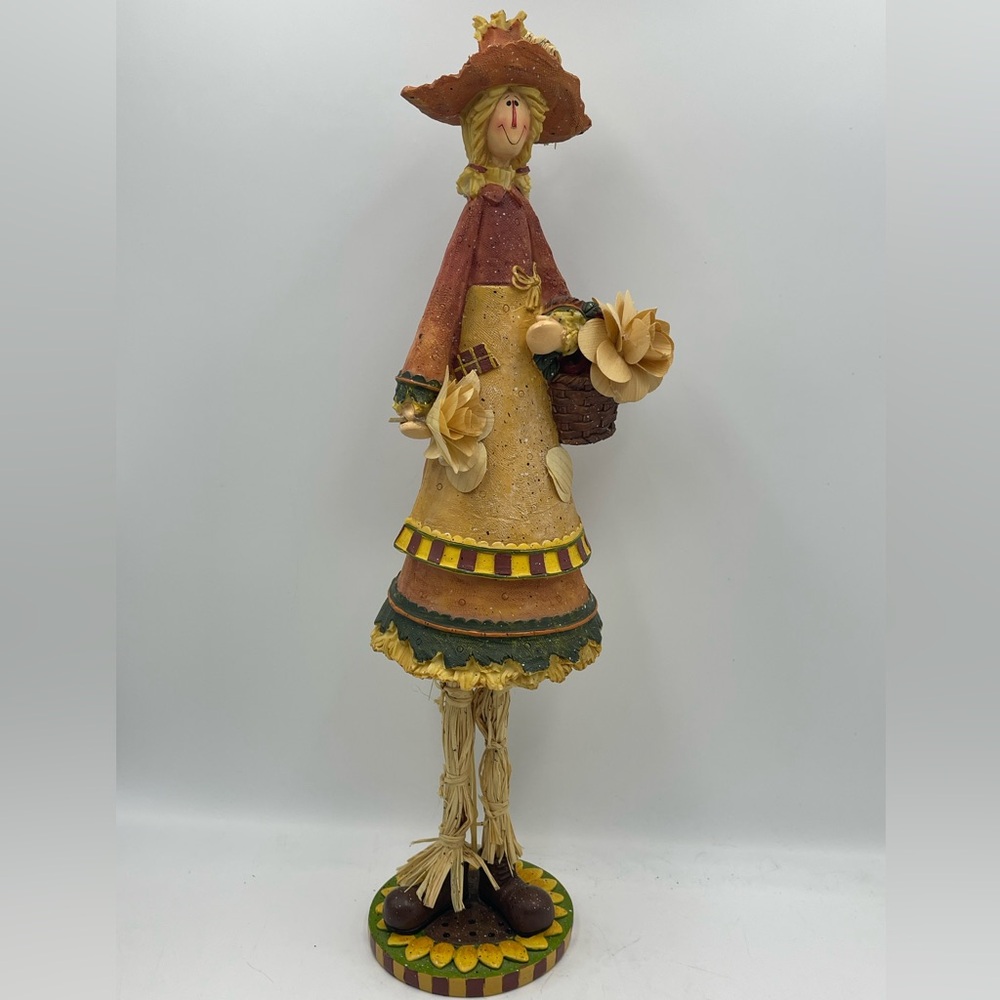 Country Harvest Resin Girl Scarecrow Sculpture w/ Apple Basket & Flower Bouquet
